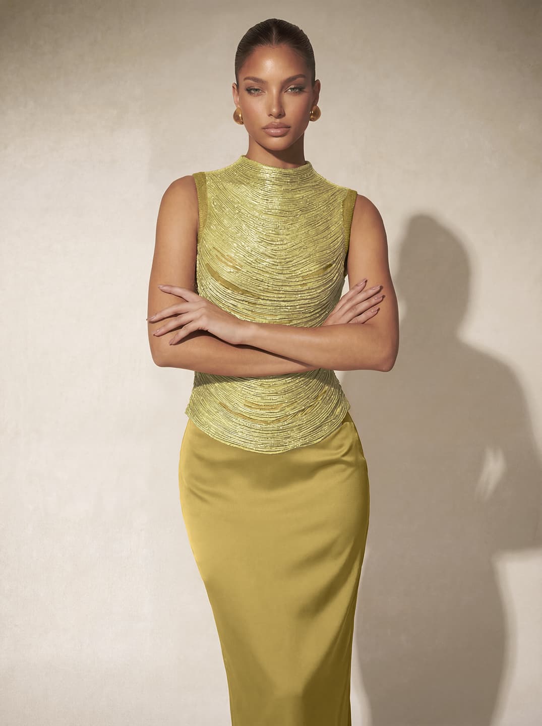 Xaldor High Neck Fringe Glitter Skirt Set In Gold