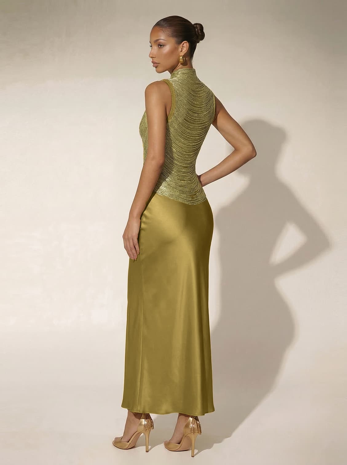 Xaldor High Neck Fringe Glitter Skirt Set In Gold