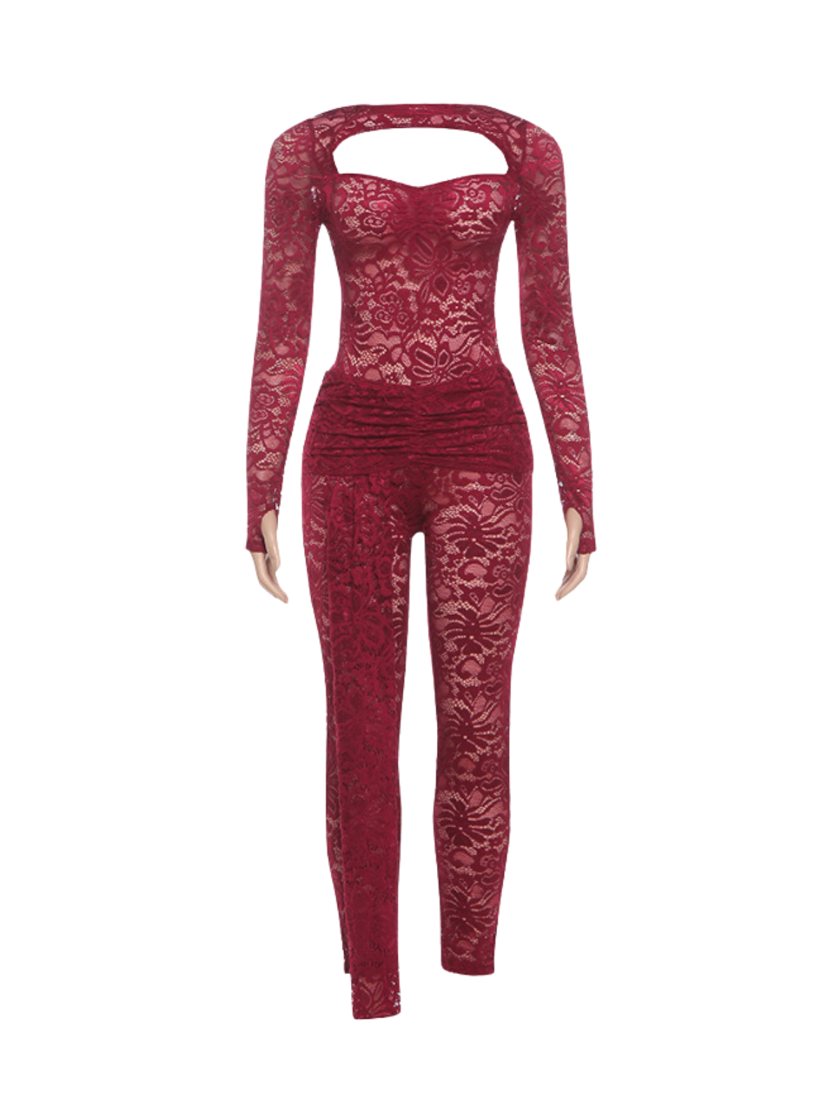 Xanora Lace Cutout Draped Pants Set In Wine