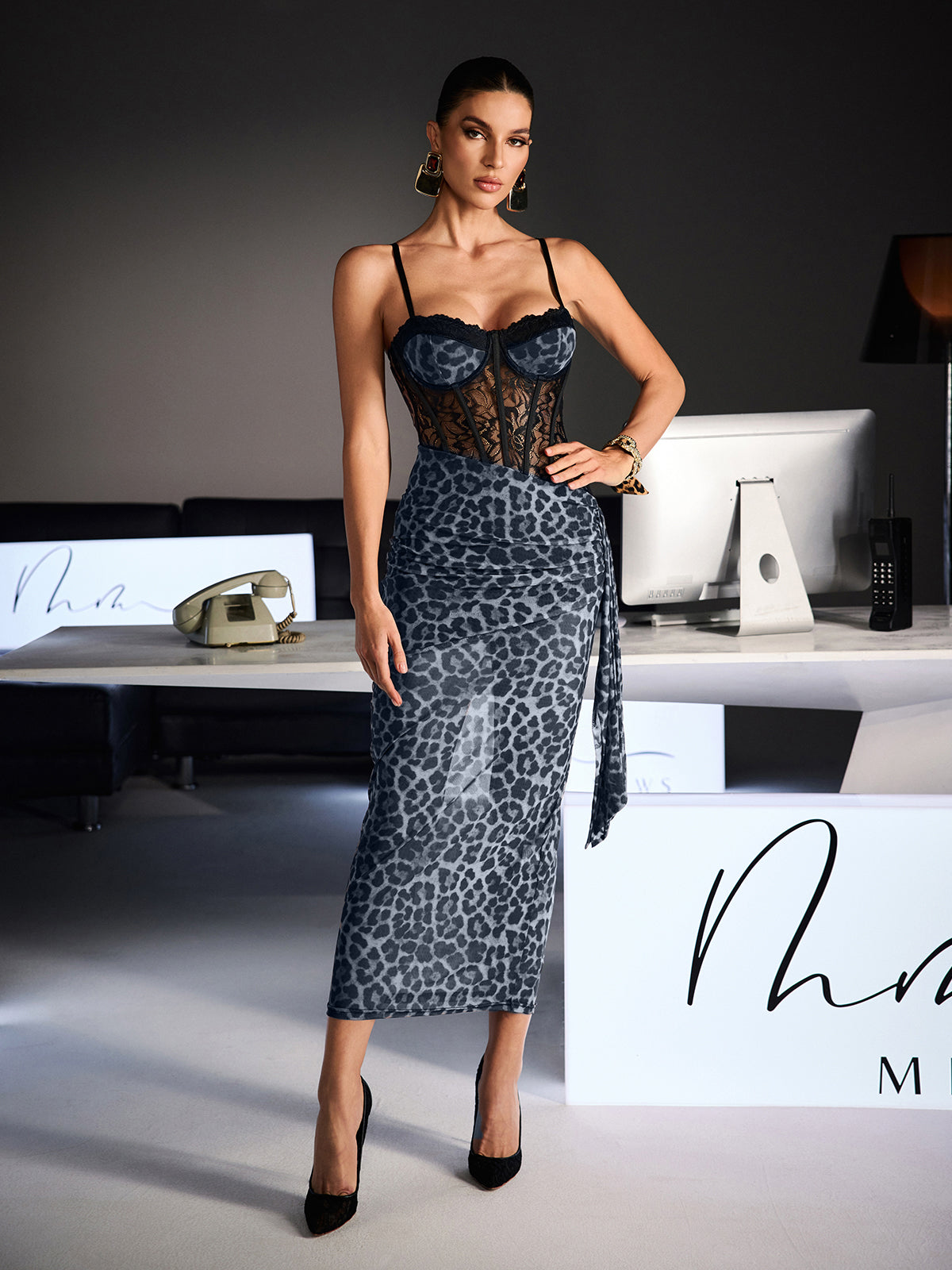 Xanriel Spaghetti Leopard Lace Maxi Dress In Grey