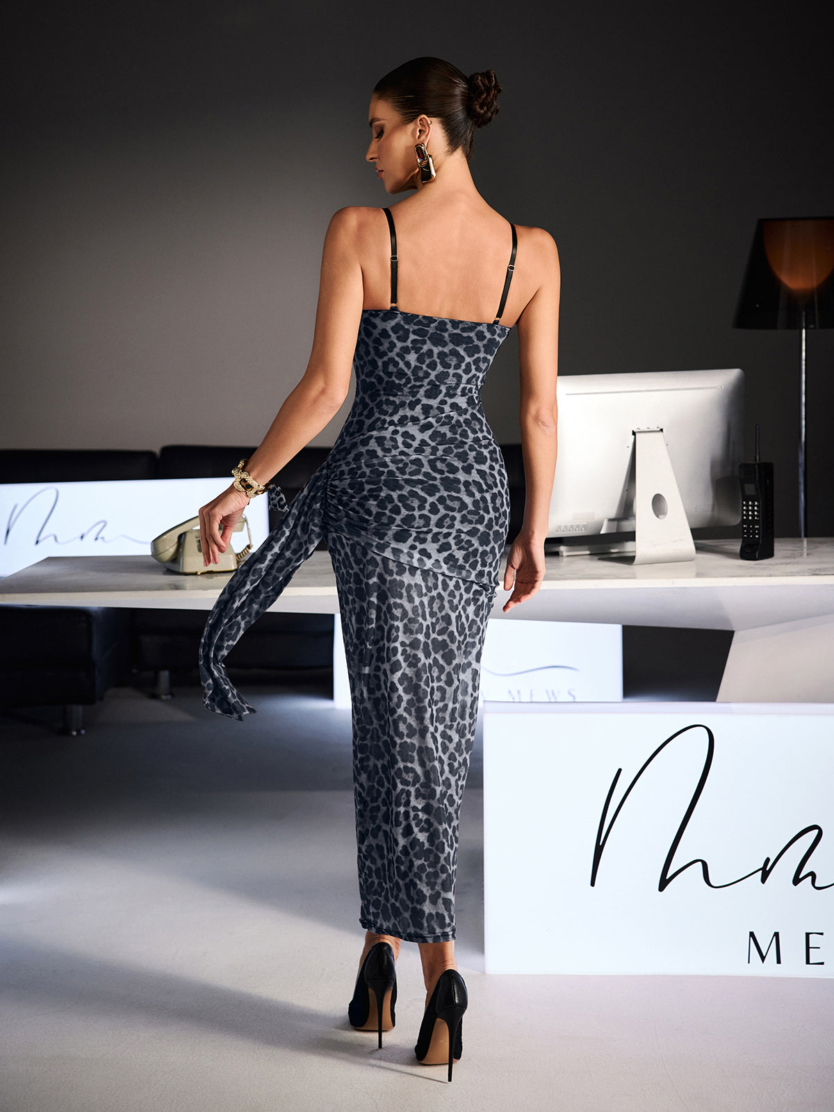 Xanriel Spaghetti Leopard Lace Maxi Dress In Grey