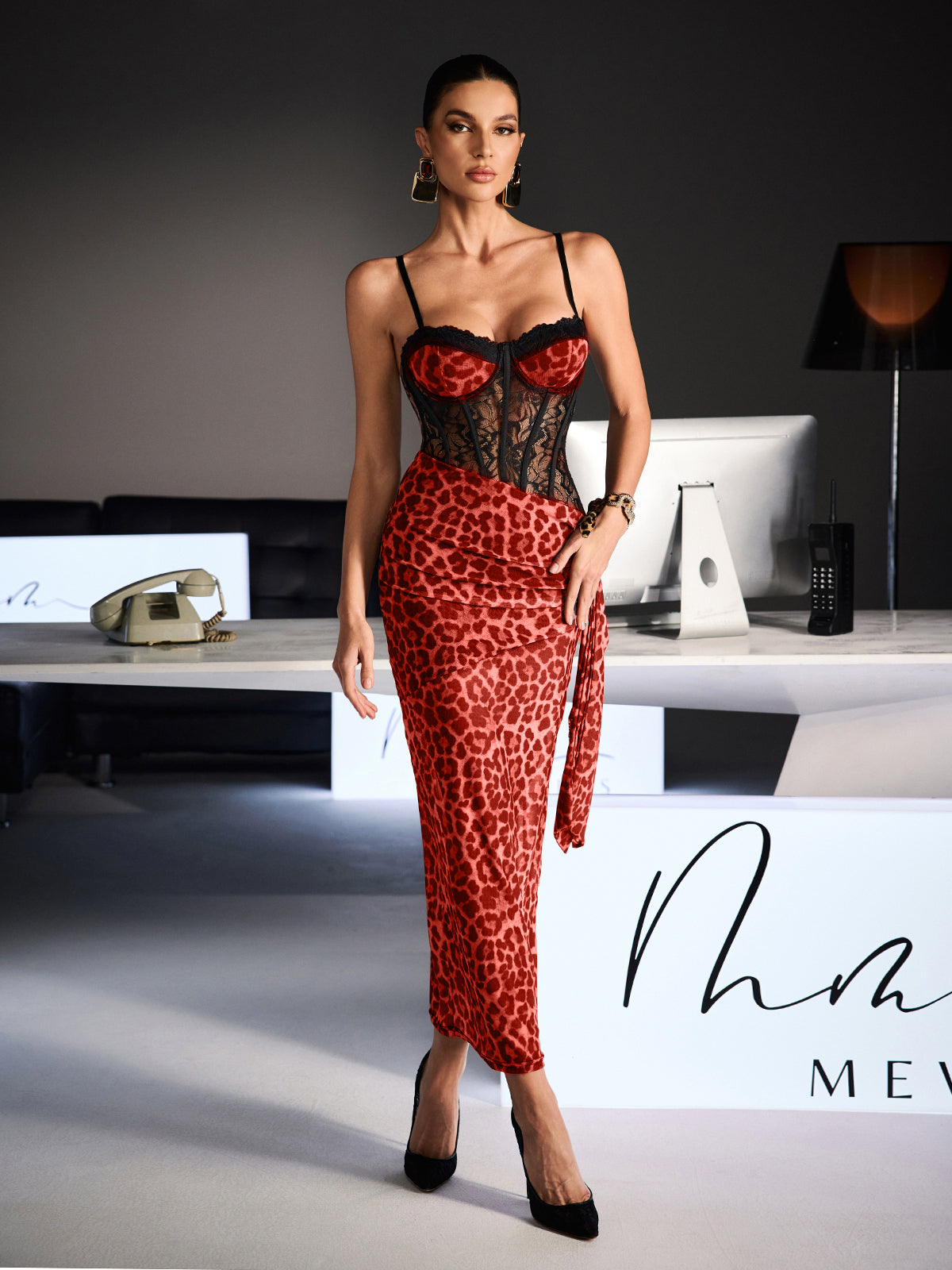 Xanriel Spaghetti Leopard Lace Maxi Dress In Red