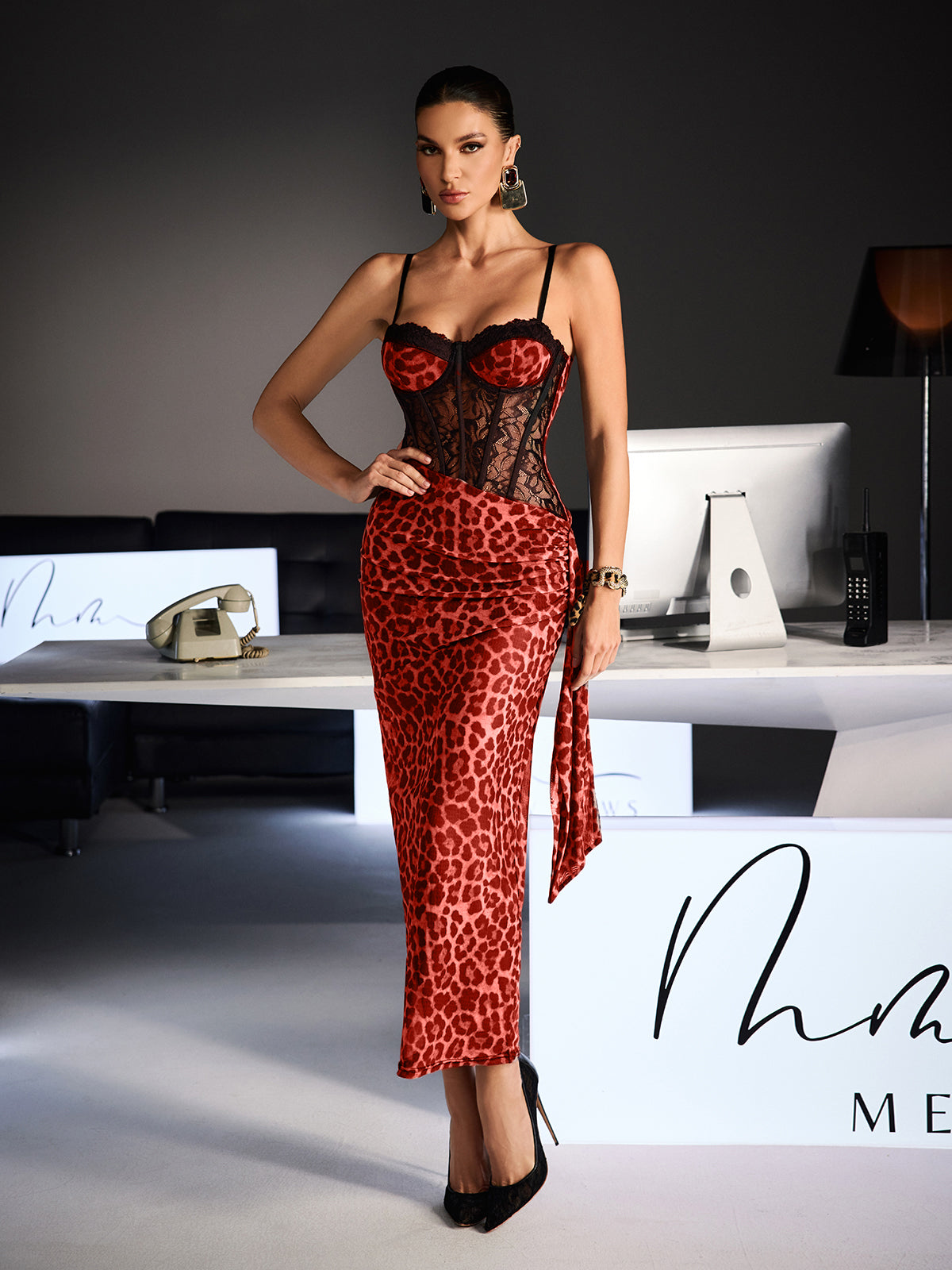 Xanriel Spaghetti Leopard Lace Maxi Dress In Red