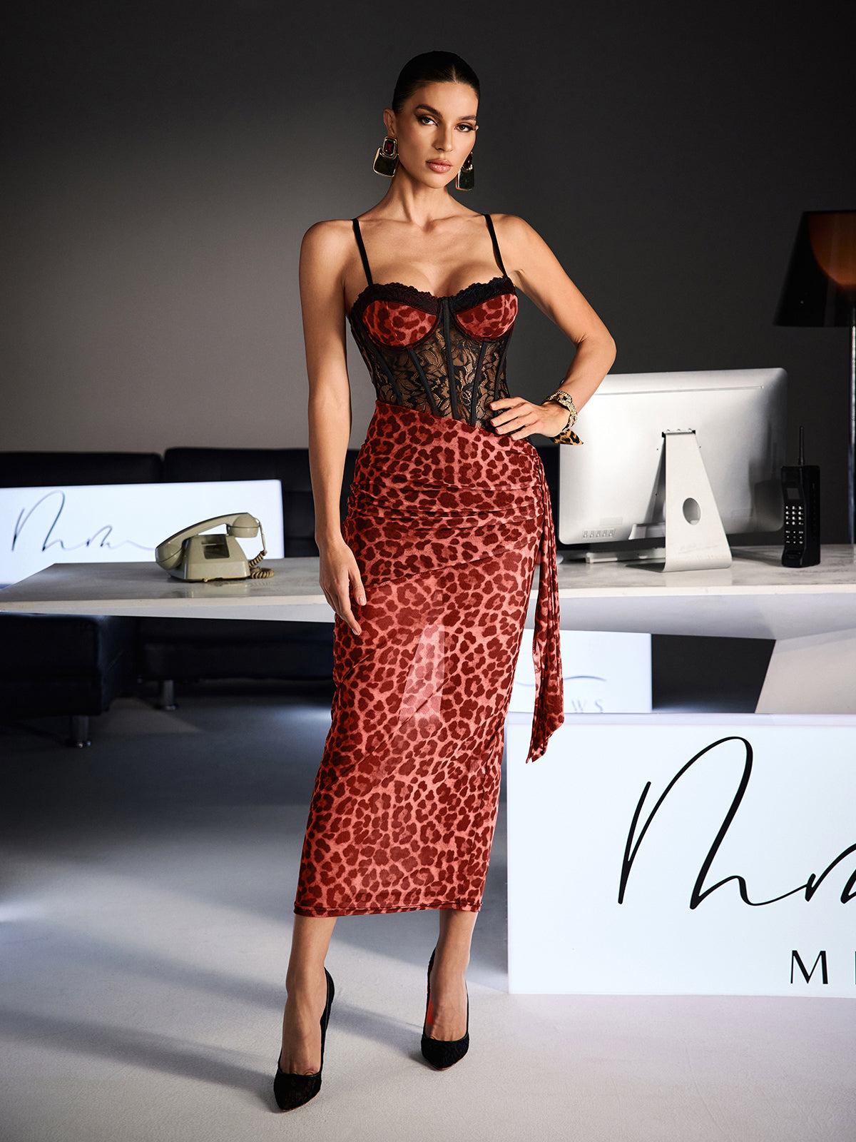 Xanriel Spaghetti Leopard Lace Maxi Dress In Red