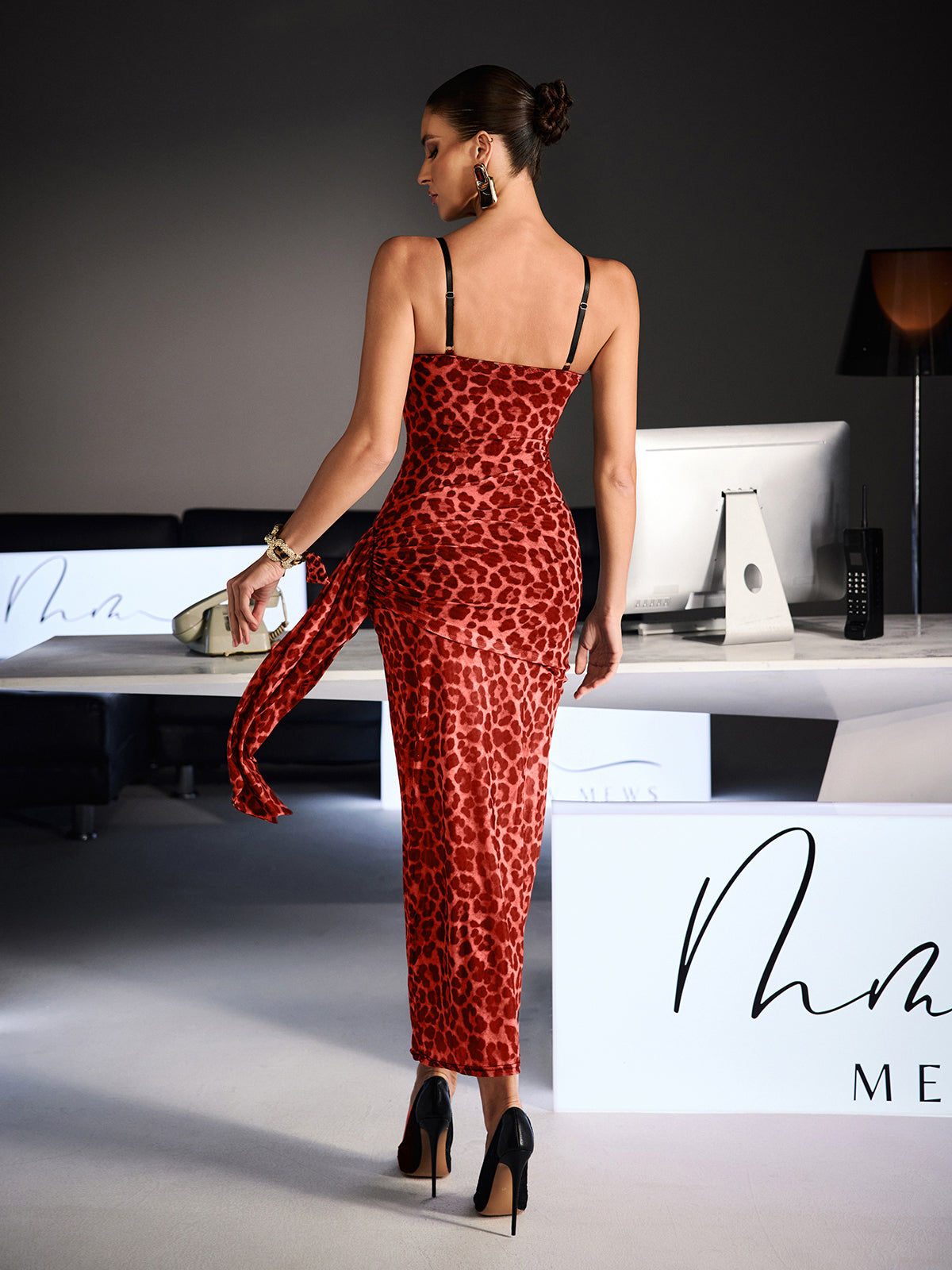 Xanriel Spaghetti Leopard Lace Maxi Dress In Red