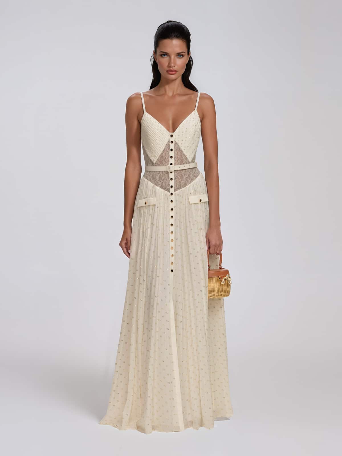 Xavelion Spaghetti Pleated Dot Maxi Dress In Beige