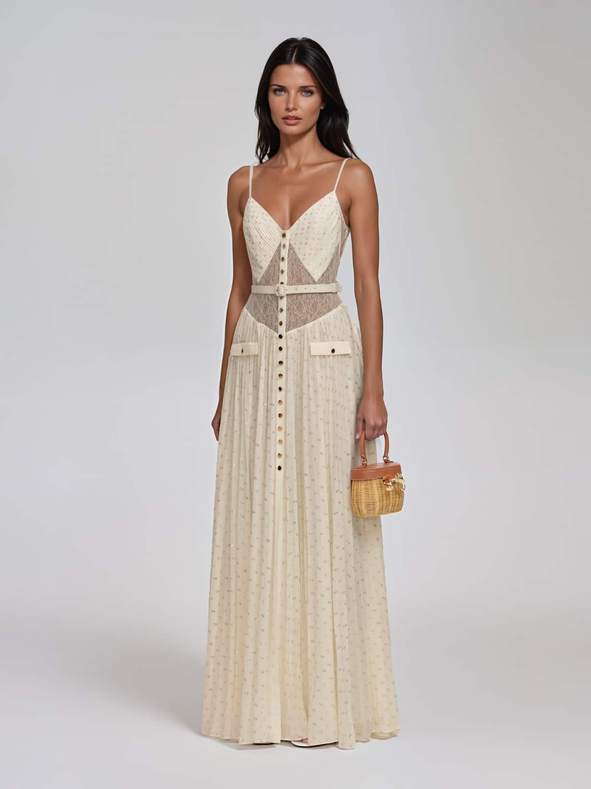 Xavelion Spaghetti Pleated Dot Maxi Dress In Beige