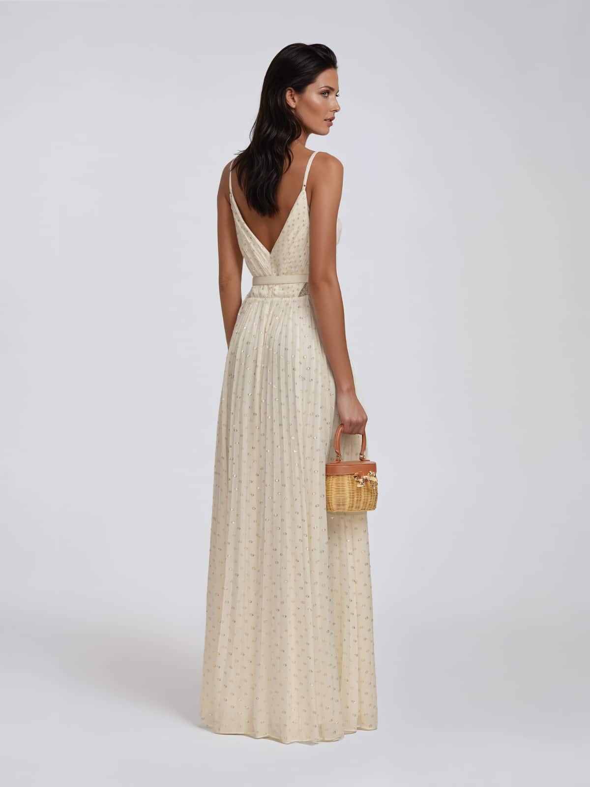 Xavelion Spaghetti Pleated Dot Maxi Dress In Beige