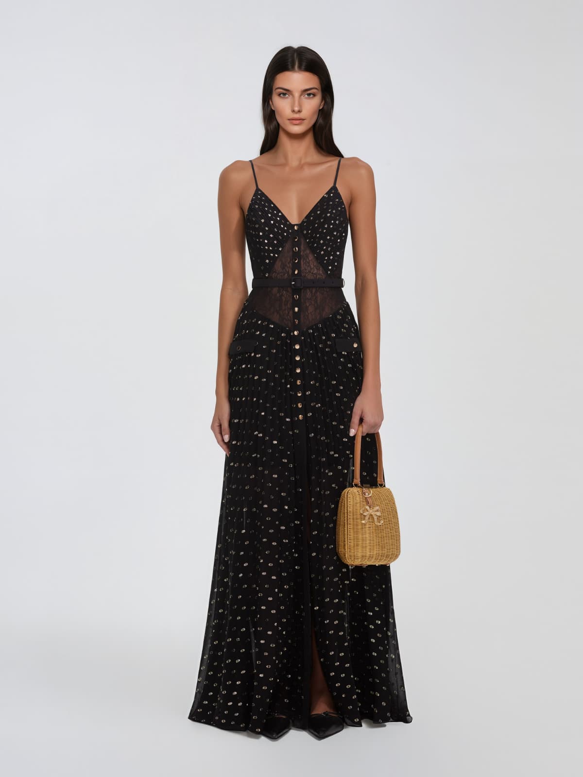 Xavelion Spaghetti Pleated Dot Maxi Dress In Black