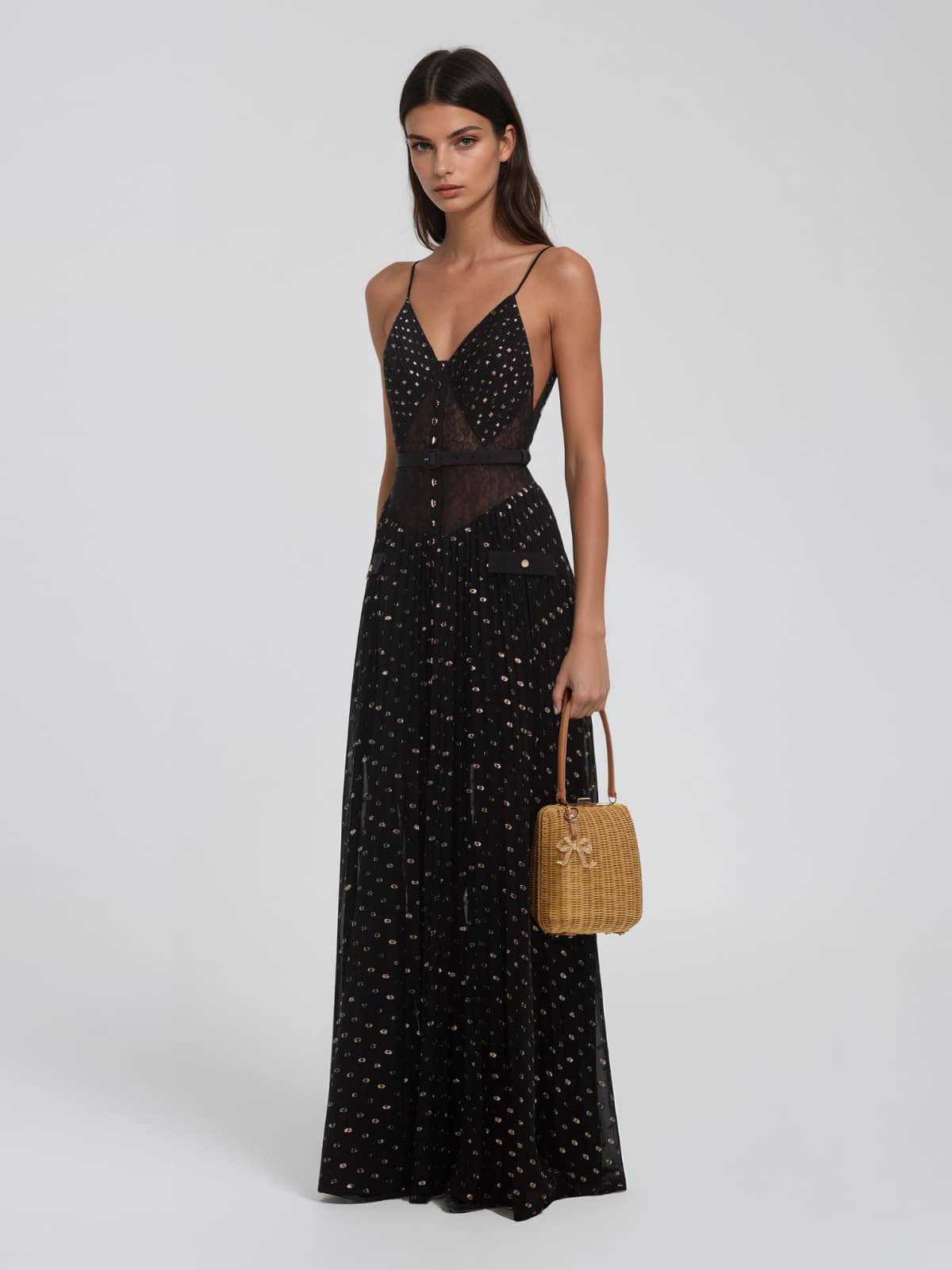 Xavelion Spaghetti Pleated Dot Maxi Dress In Black