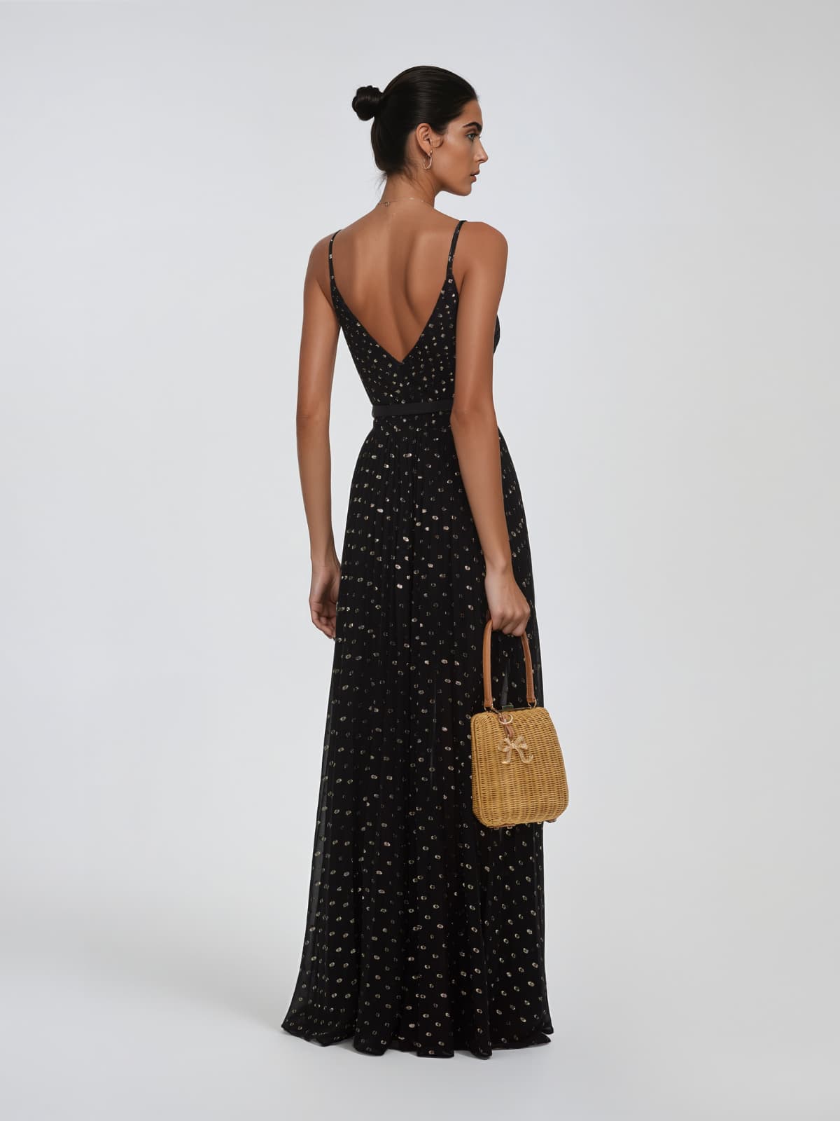 Xavelion Spaghetti Pleated Dot Maxi Dress In Black