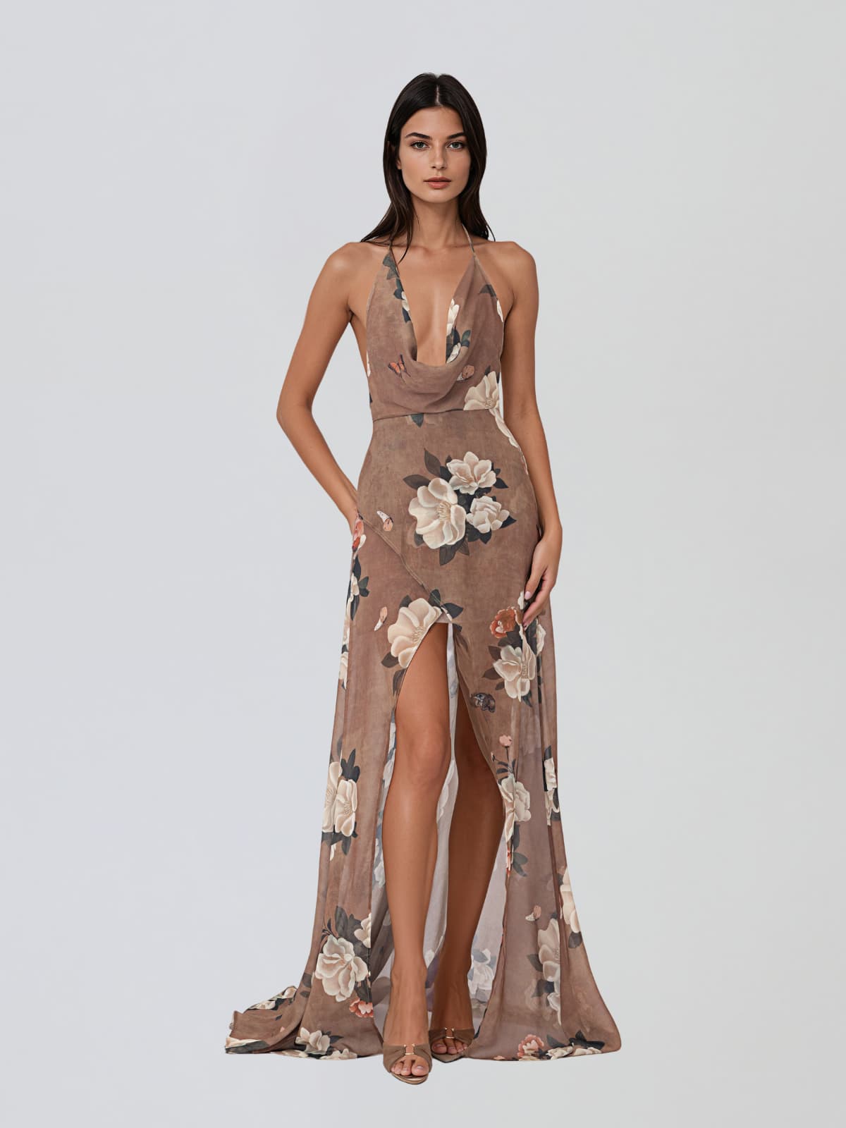Yavira Cowl Neck Floral Split Maxi Dress
