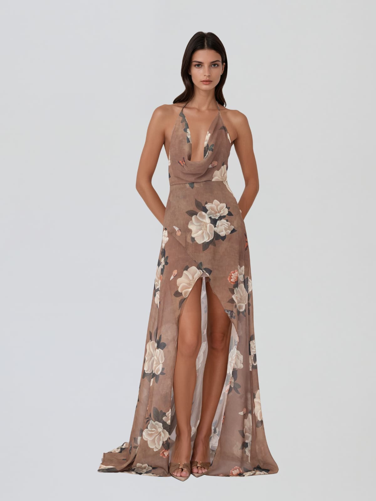 Yavira Cowl Neck Floral Split Maxi Dress