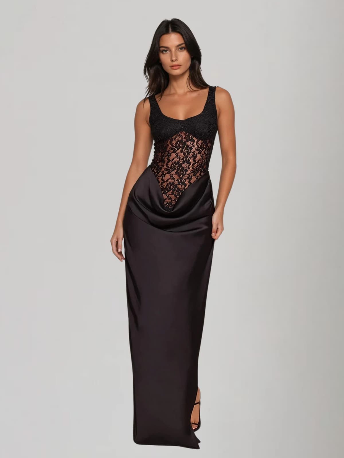 Ylithar U Neck Lace Split Maxi Dress
