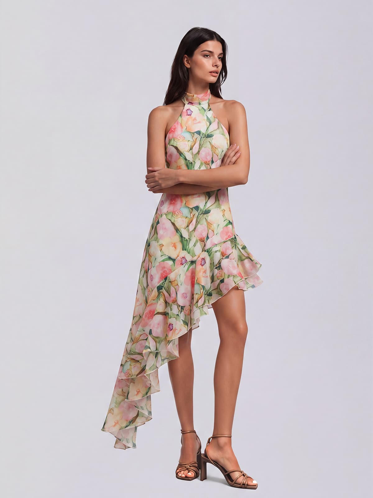 Yndralis Halterneck Floral Ruffle Midi Dress
