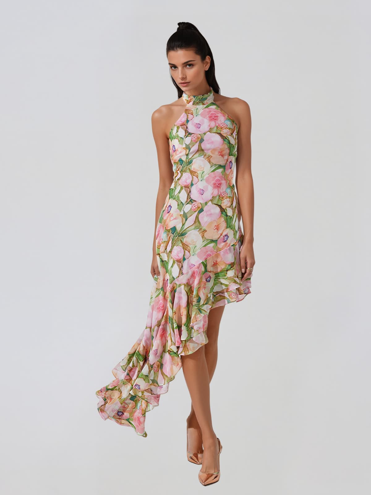 Yndralis Halterneck Floral Ruffle Midi Dress