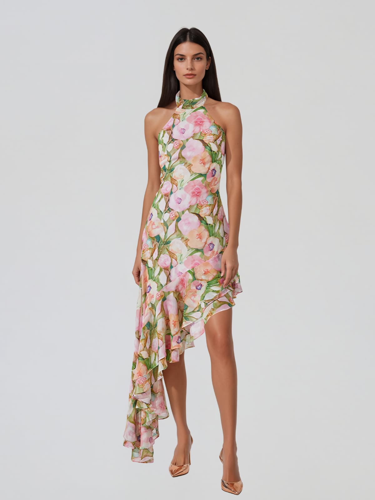 Yndralis Halterneck Floral Ruffle Midi Dress