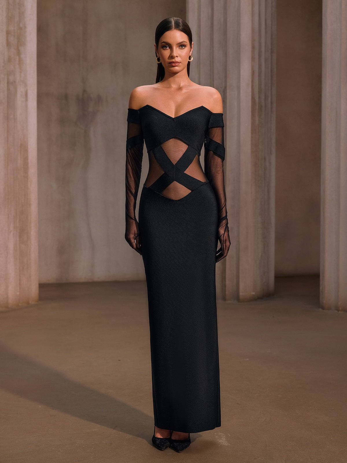 Yorynex Off Shoulder Mesh Bandage Maxi Dress