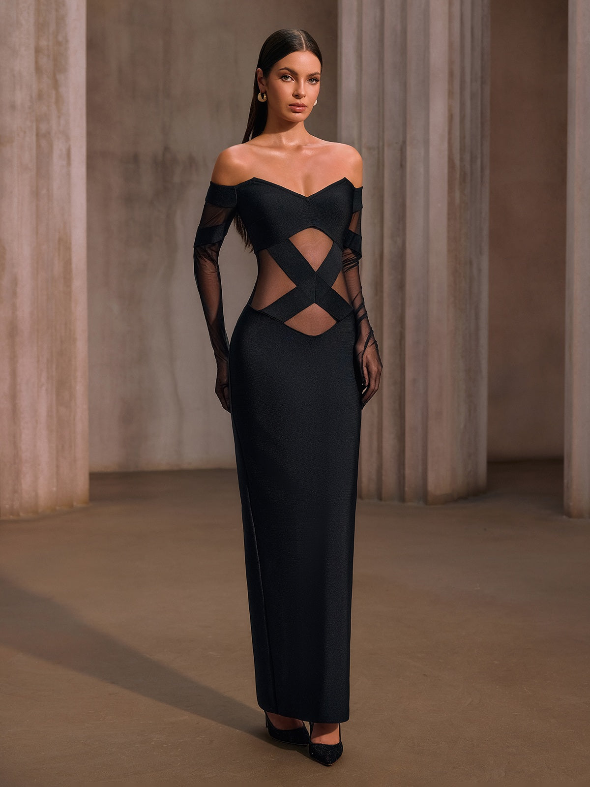 Yorynex Off Shoulder Mesh Bandage Maxi Dress