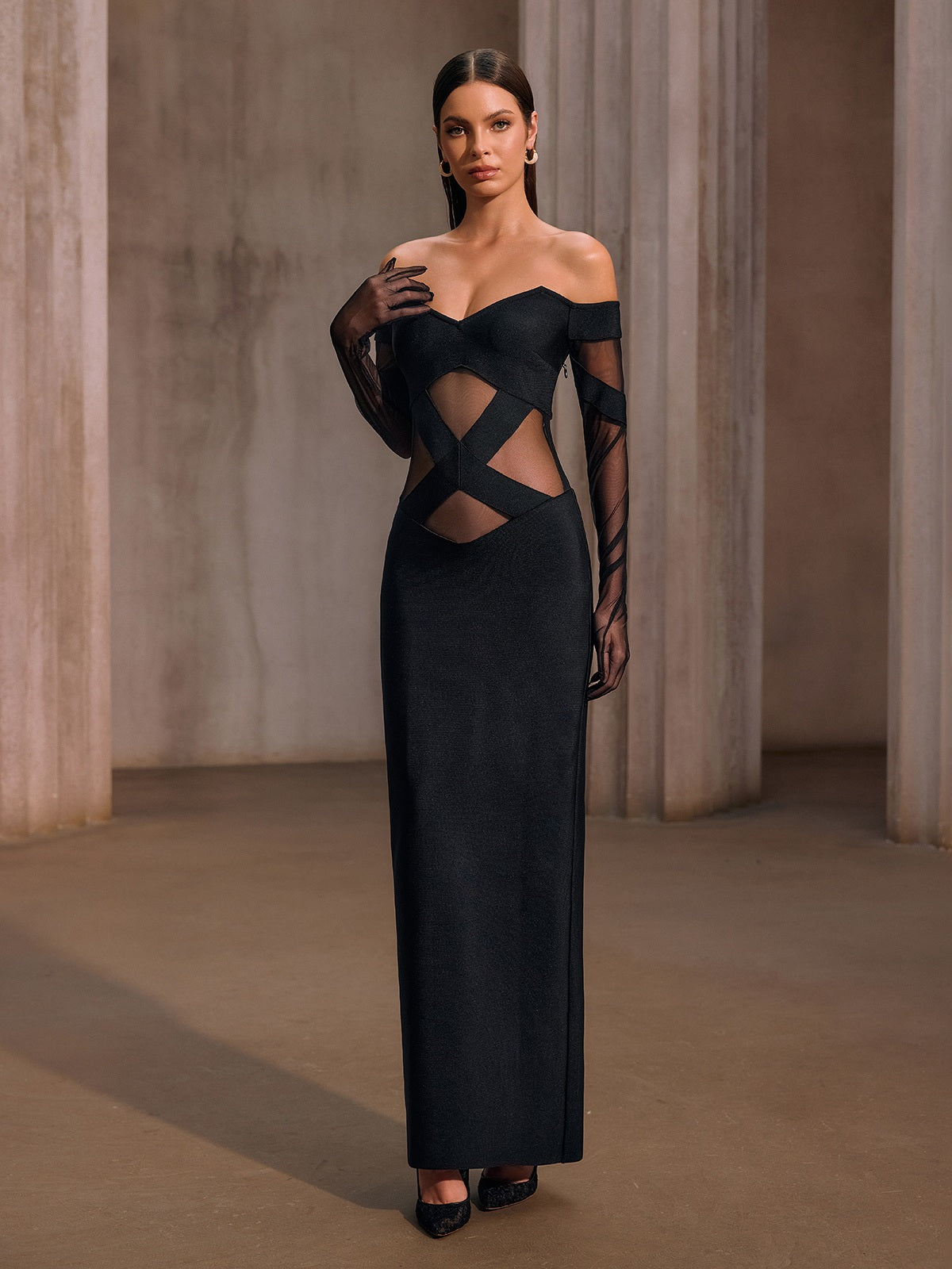 Yorynex Off Shoulder Mesh Bandage Maxi Dress