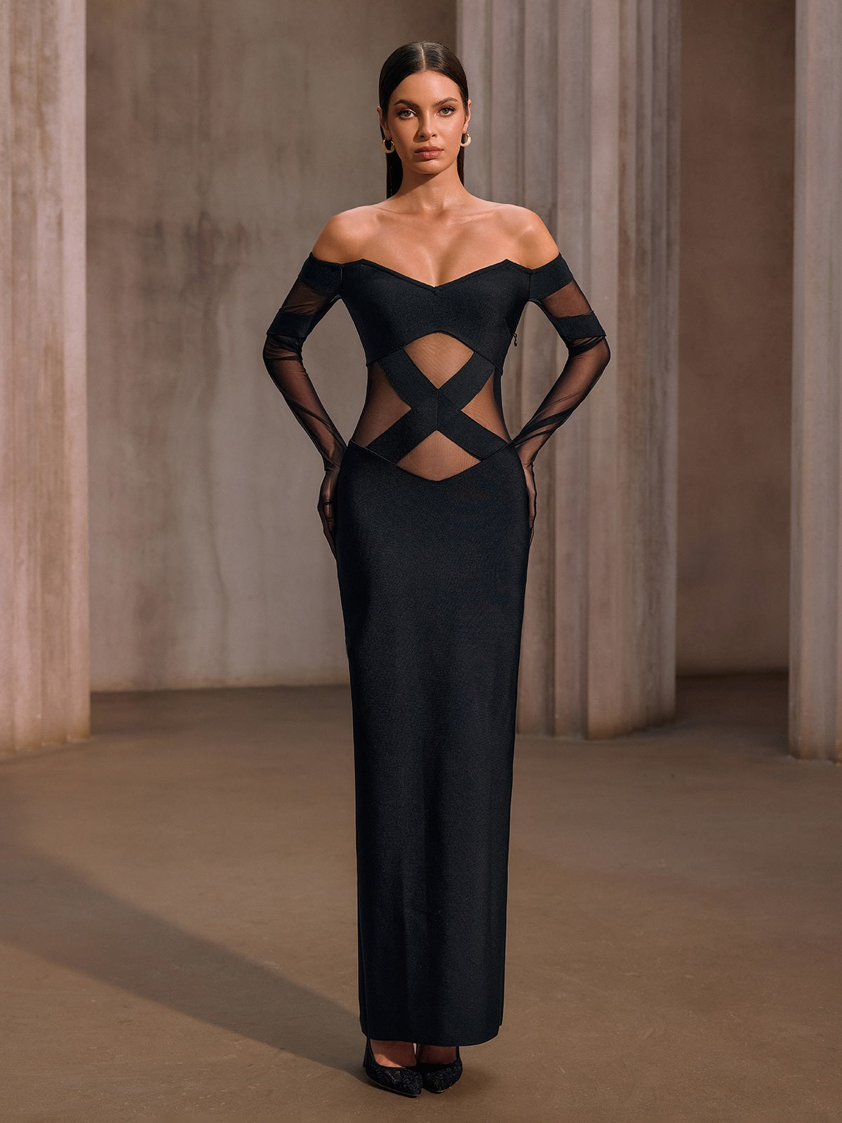 Yorynex Off Shoulder Mesh Bandage Maxi Dress
