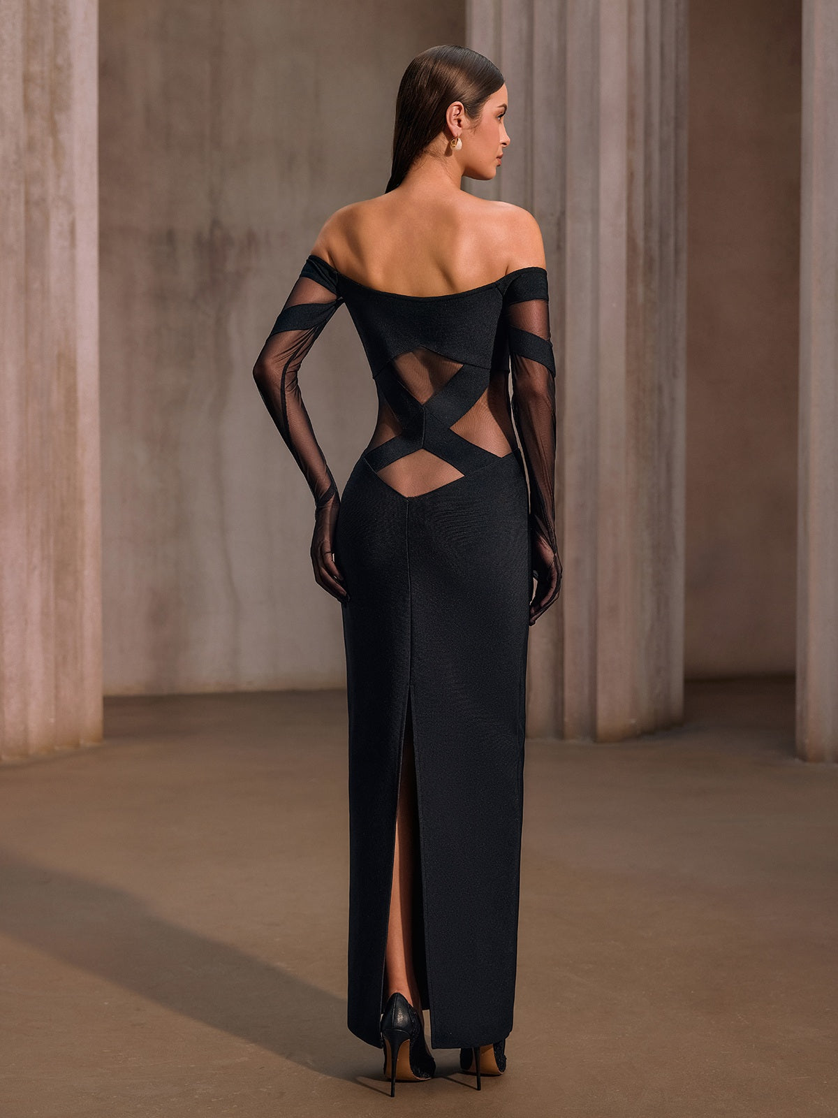 Yorynex Off Shoulder Mesh Bandage Maxi Dress