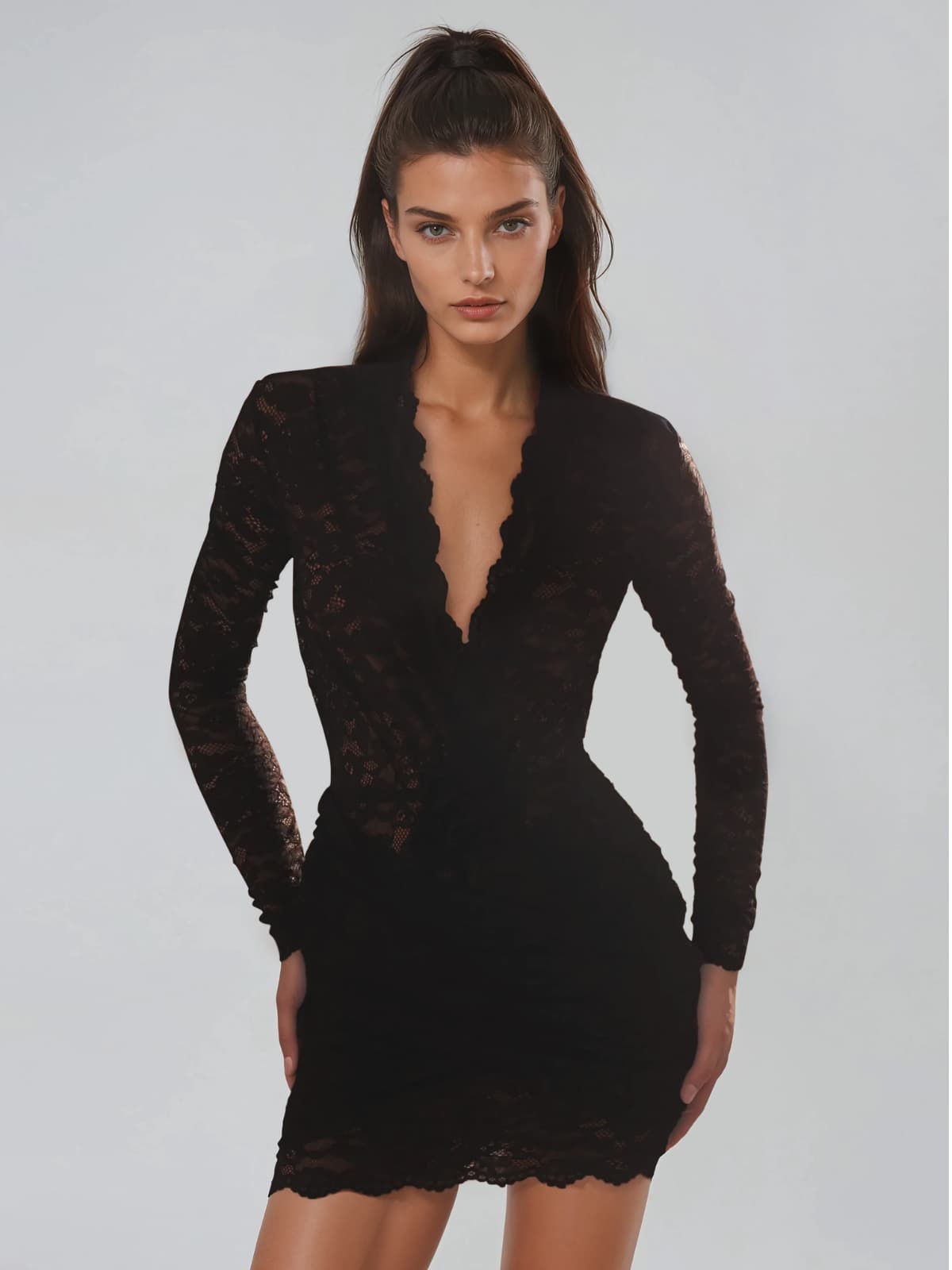 Yraevix Plunge Neck Lace Mini Dress In Black