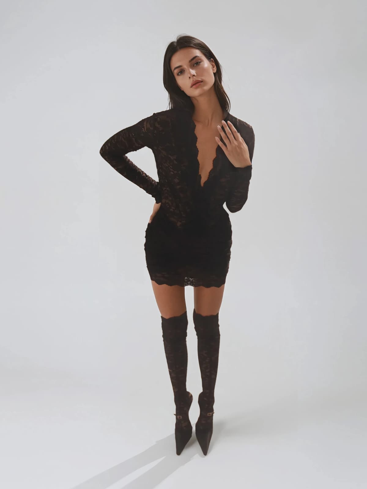 Yraevix Plunge Neck Lace Mini Dress In Black