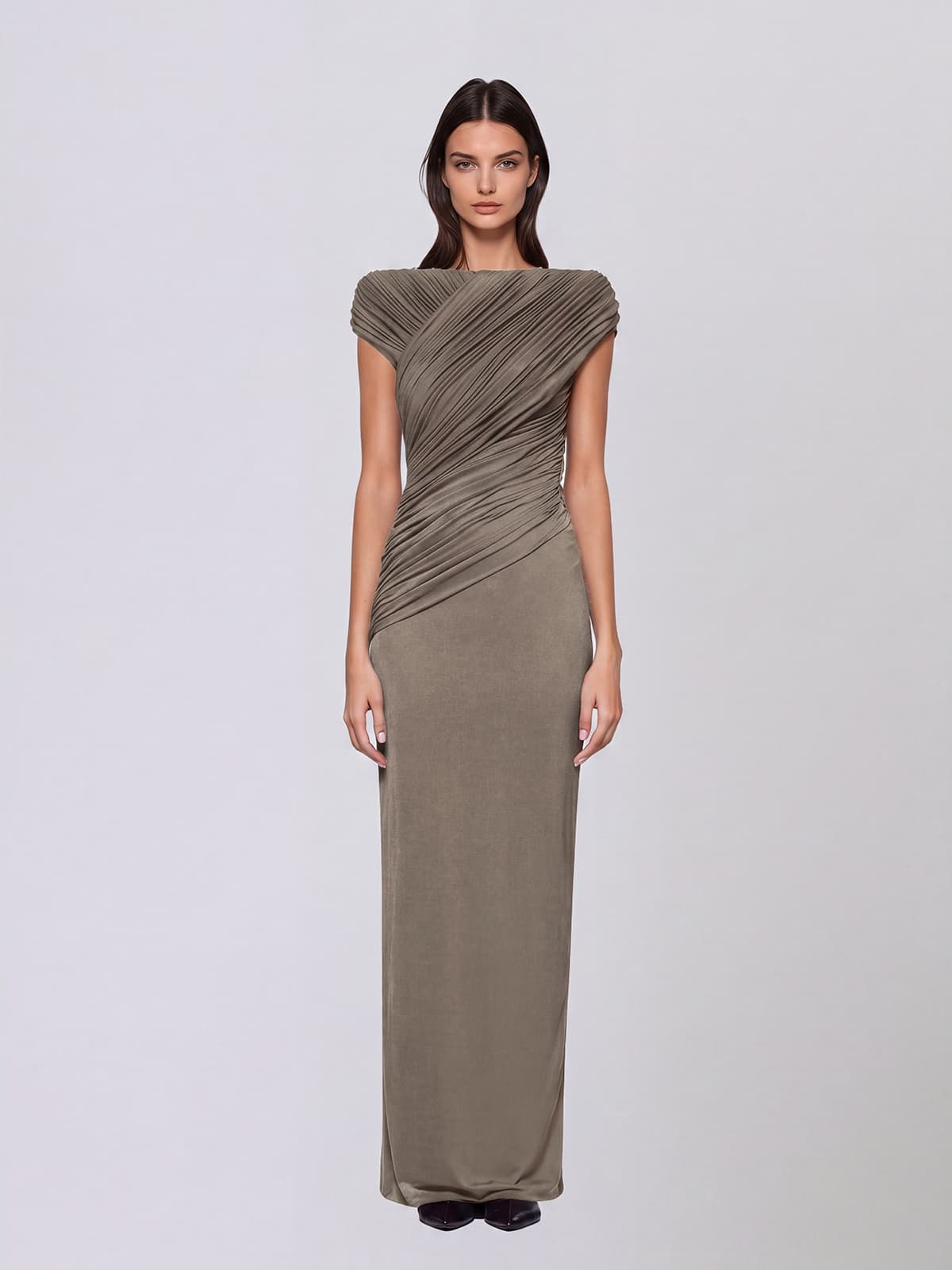 Zavelion  Ruched Knit Maxi Dress In Khaki