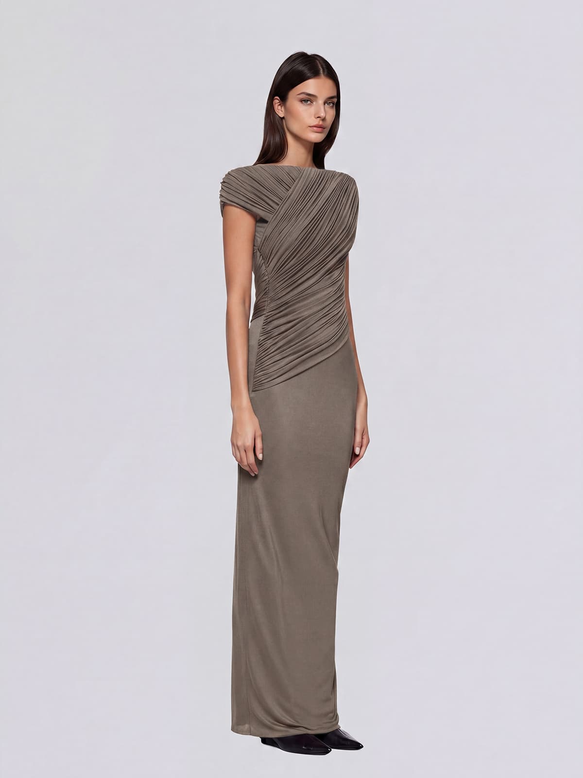 Zavelion  Ruched Knit Maxi Dress In Khaki