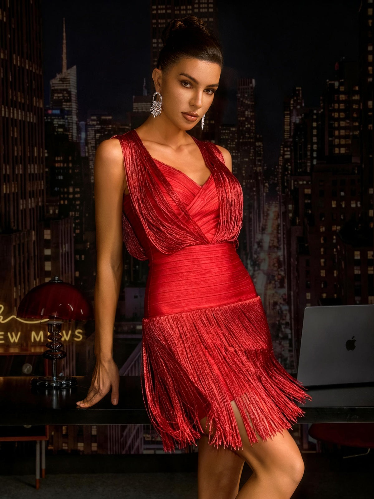 Zavelyn V Neck Fringe Bandage Mini Dress In Red