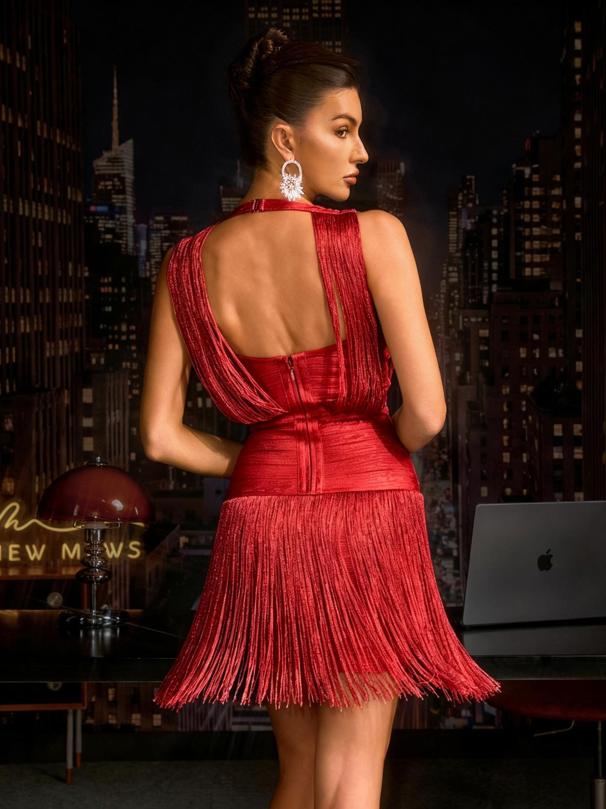 Zavelyn V Neck Fringe Bandage Mini Dress In Red