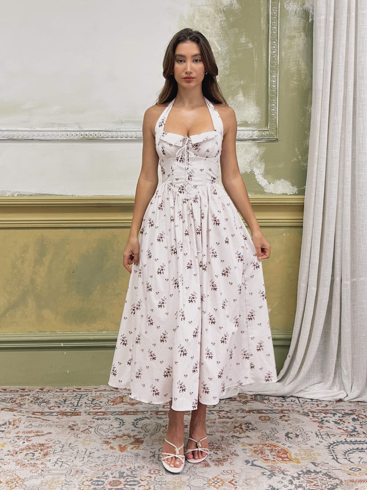 Zavethric Halterneck Lace Up Floral Midi Dress