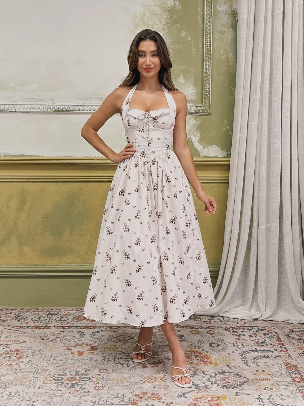 Zavethric Halterneck Lace Up Floral Midi Dress