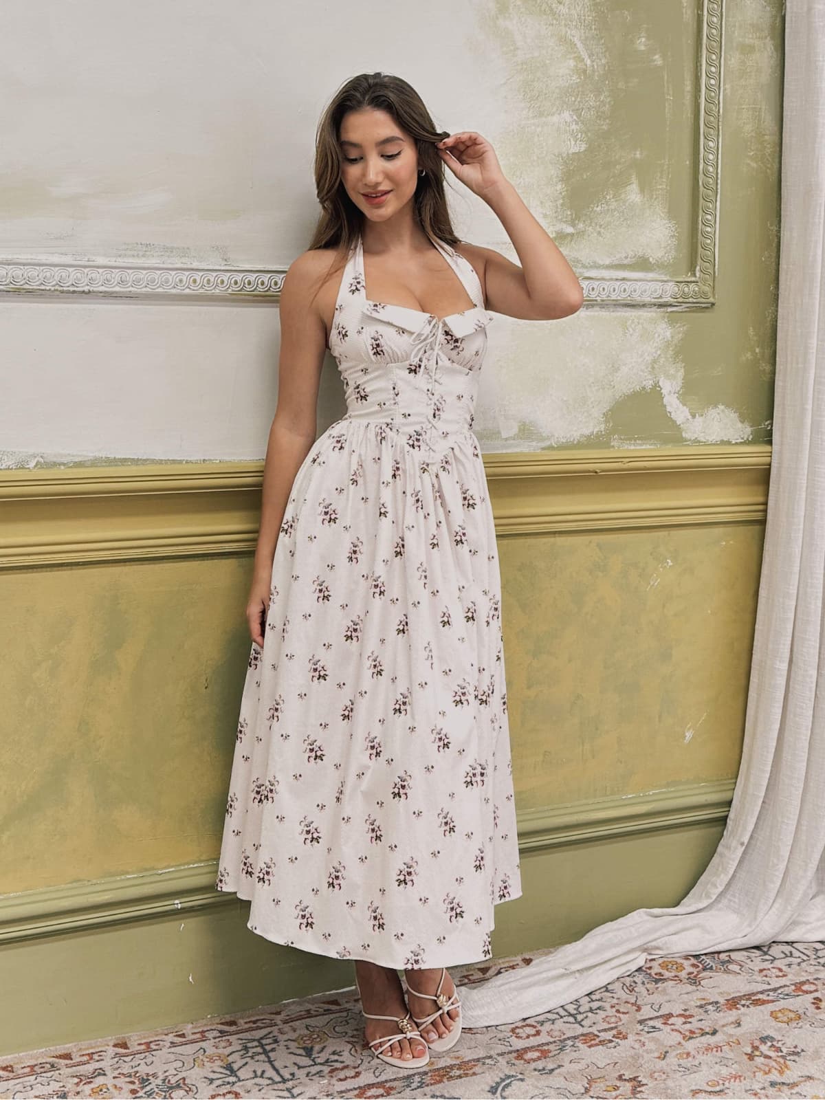 Zavethric Halterneck Lace Up Floral Midi Dress