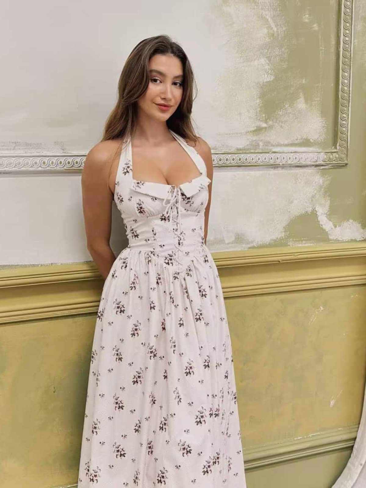 Zavethric Halterneck Lace Up Floral Midi Dress