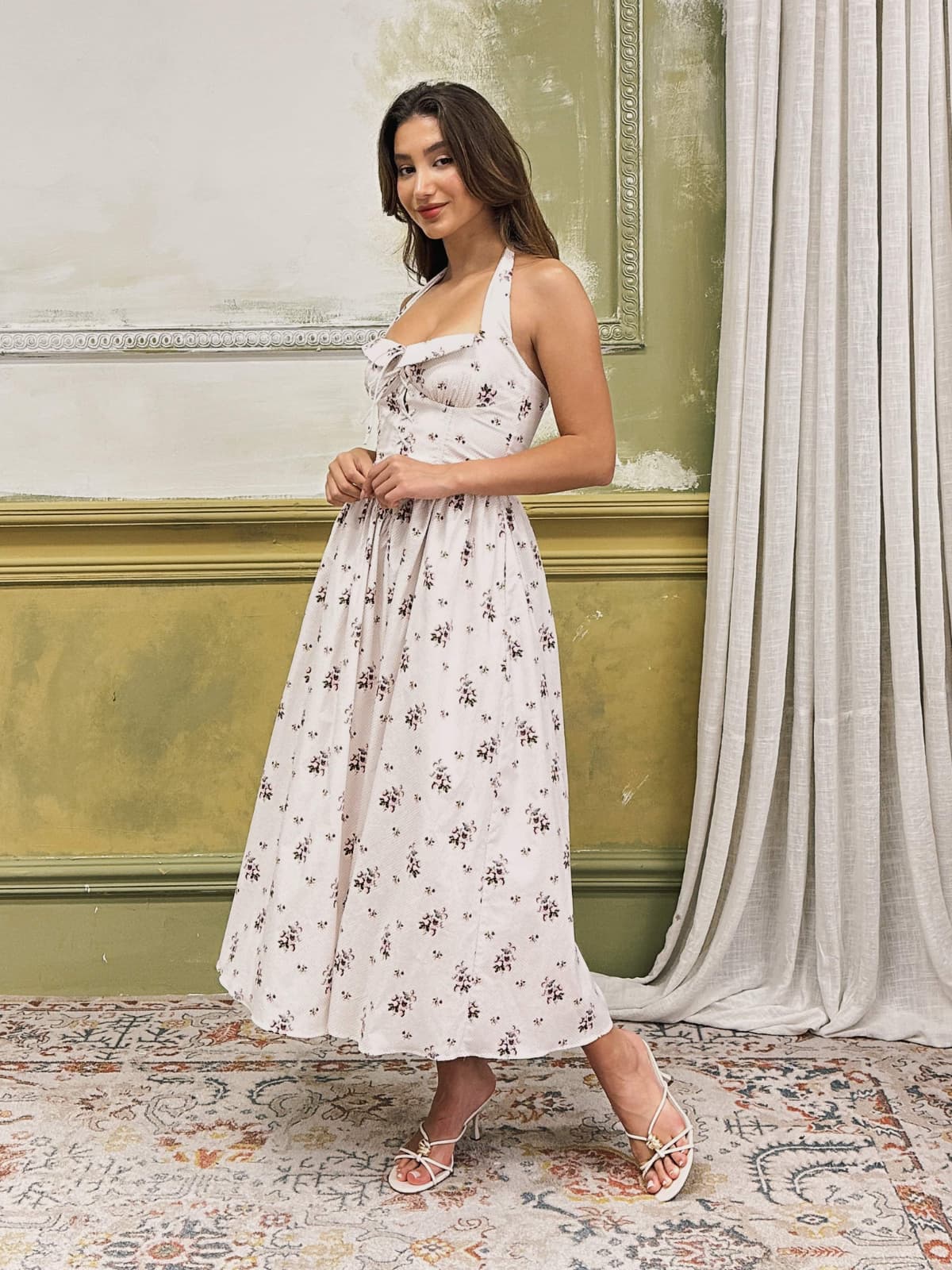 Zavethric Halterneck Lace Up Floral Midi Dress