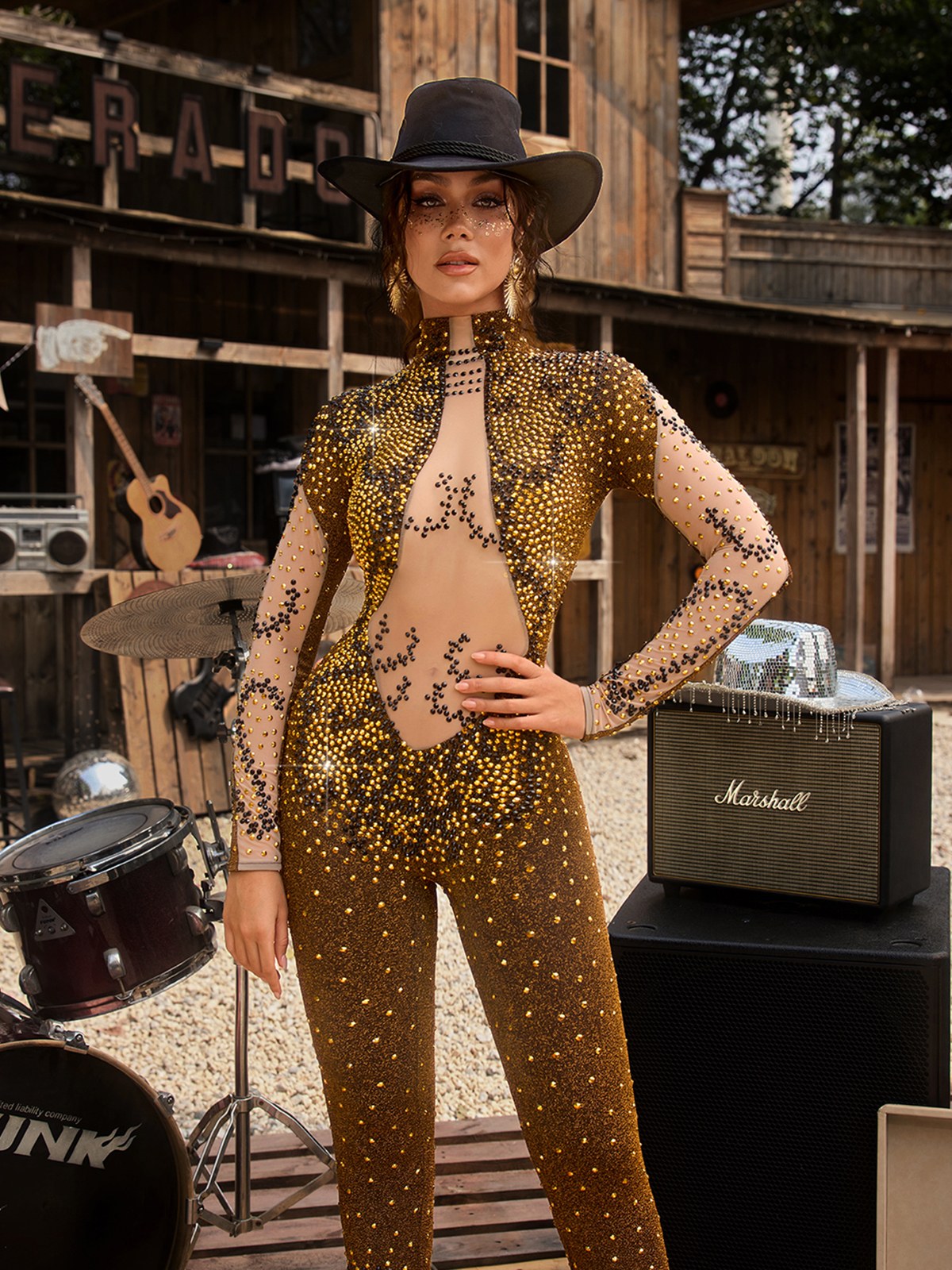 Zelyxon High Neck Rhinestone Jumpsuit