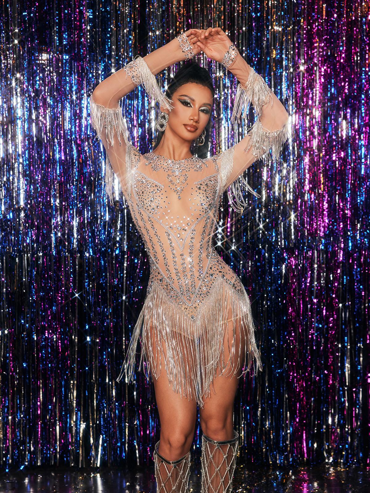 Zene Embellished Crystal Fringe Bodysuit