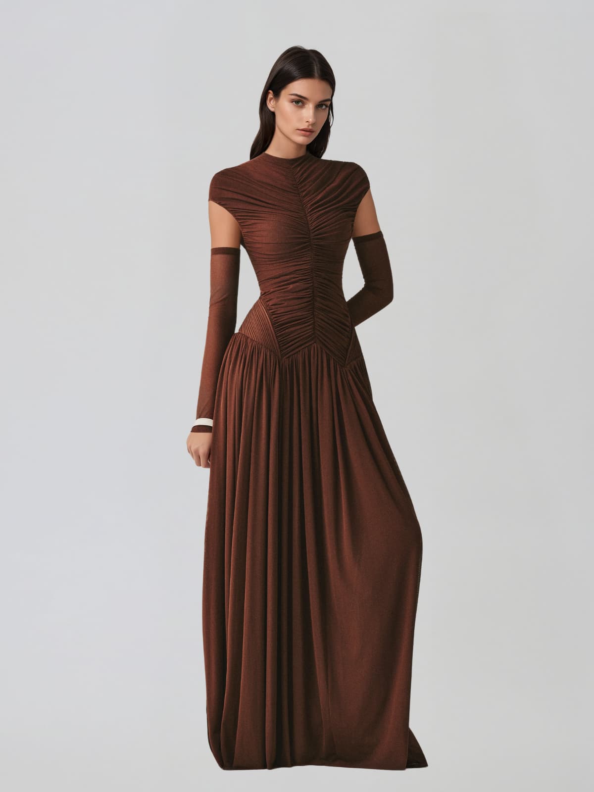 Zevionx Sleeveless Ruched Maxi Dress In Coffee