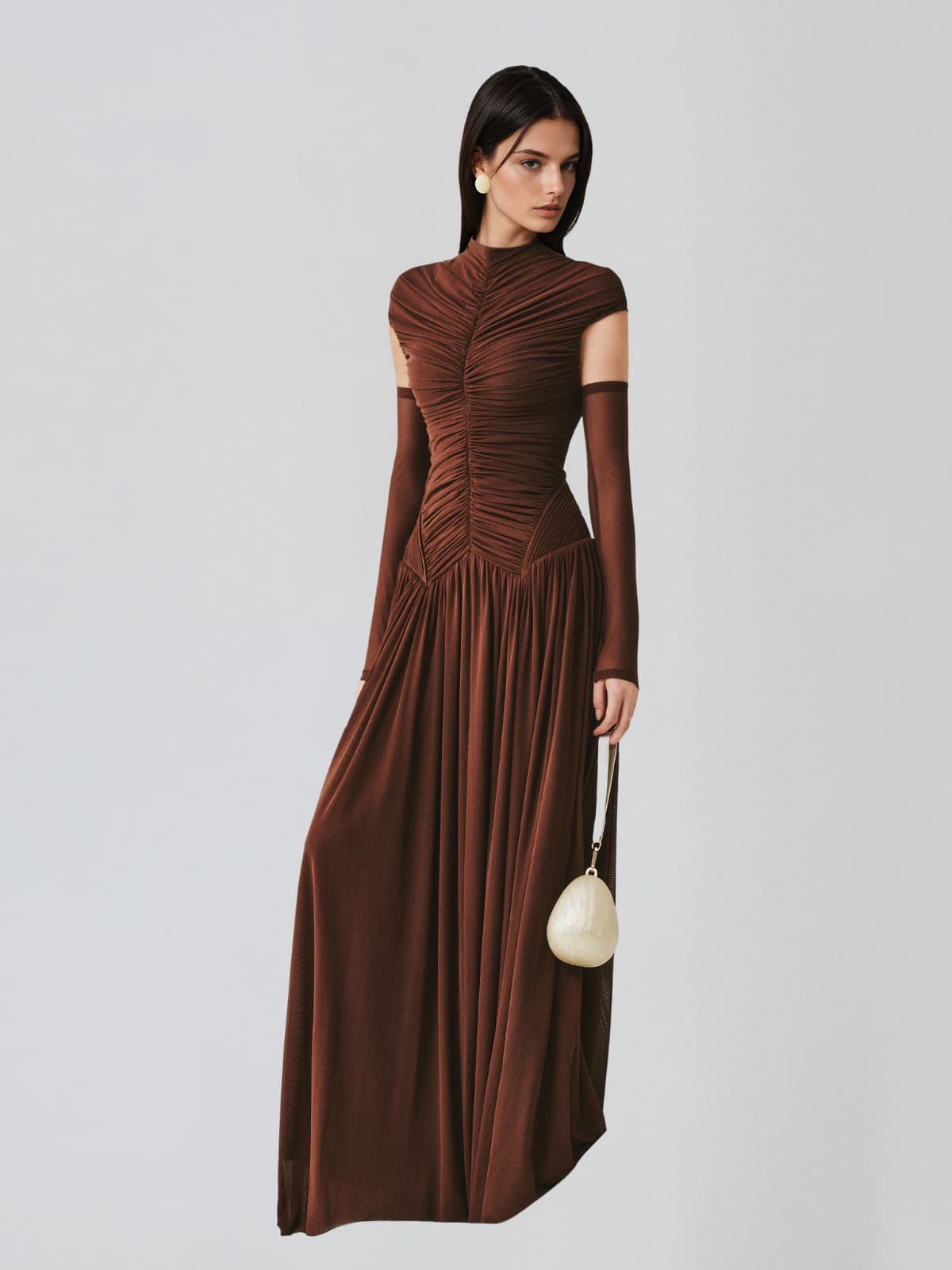 Zevionx Sleeveless Ruched Maxi Dress In Coffee