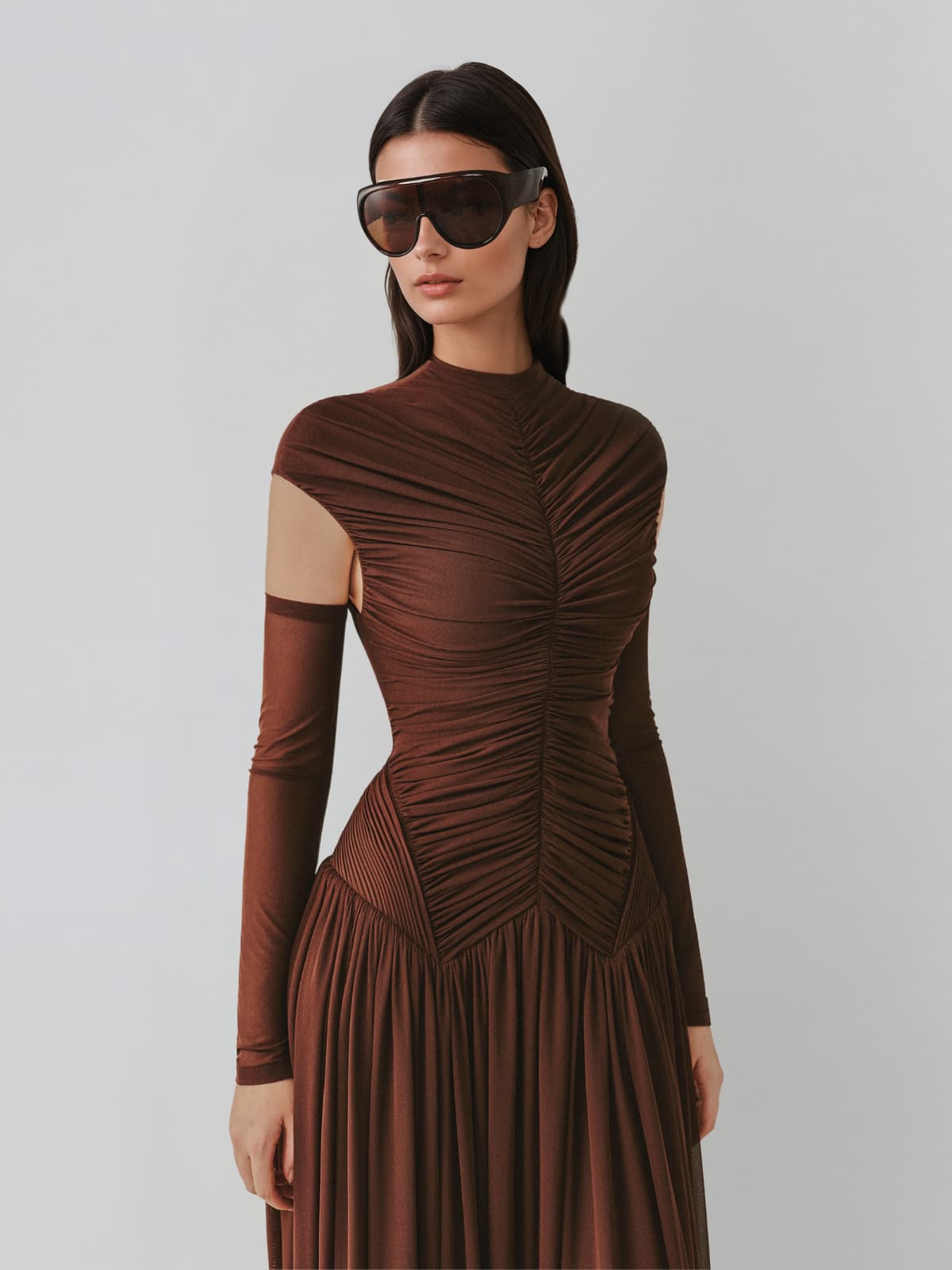 Zevionx Sleeveless Ruched Maxi Dress In Coffee