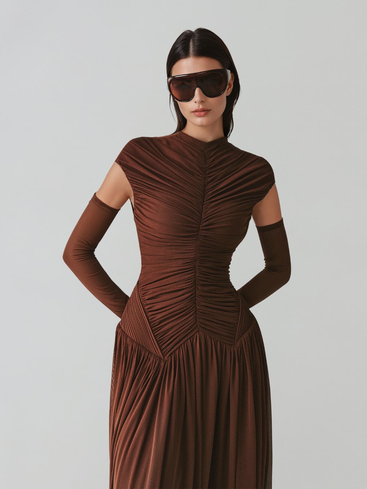 Zevionx Sleeveless Ruched Maxi Dress In Coffee