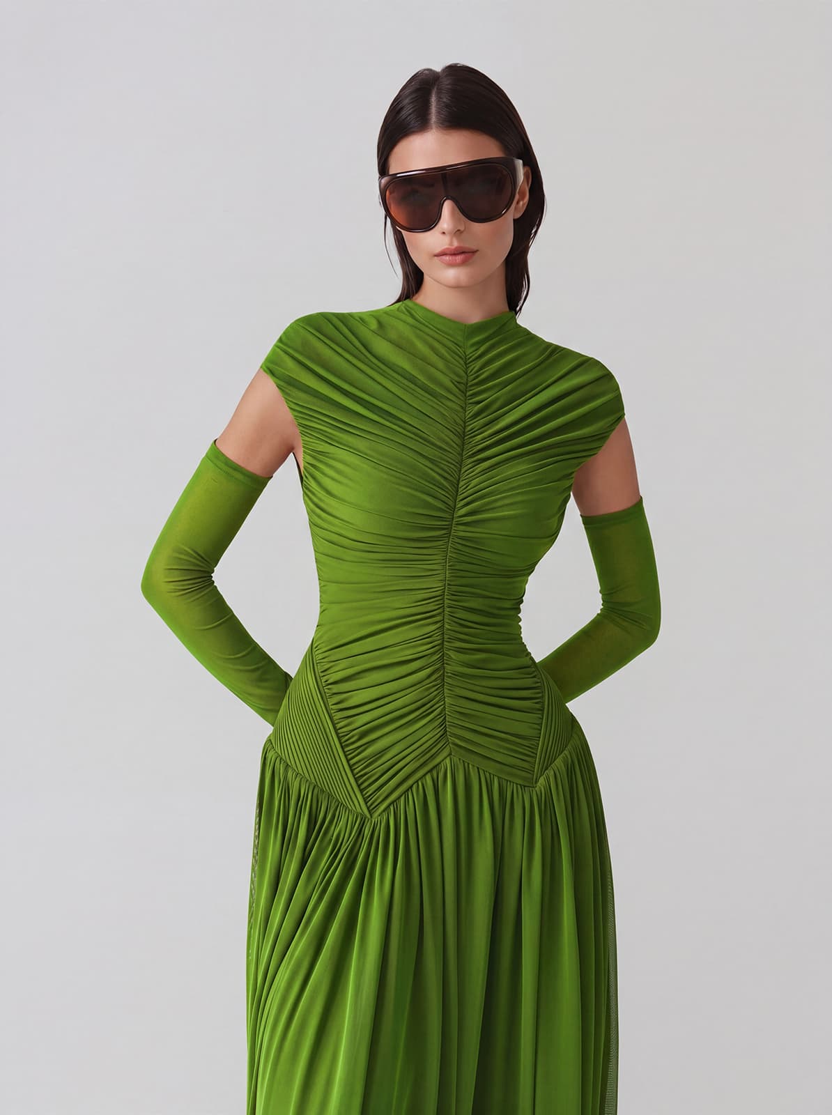 Zevionx Sleeveless Ruched Maxi Dress In Green