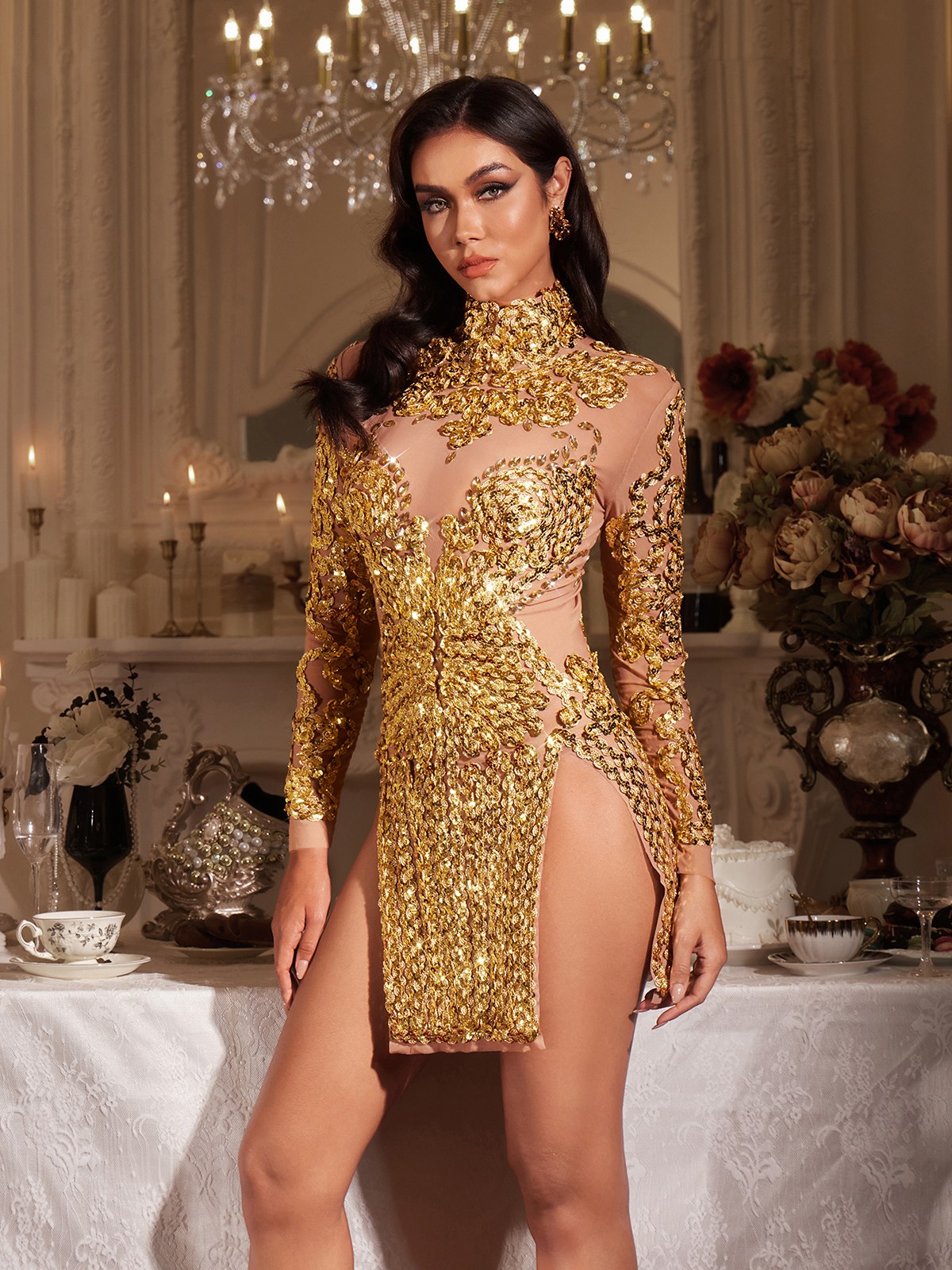 Zoravell Sequin Mesh Mini Dress In Gold
