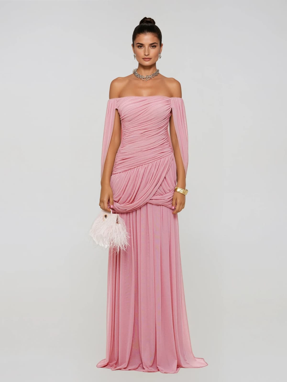 Zoryrin Off Shoulder Mesh Ruched Maxi Dress
