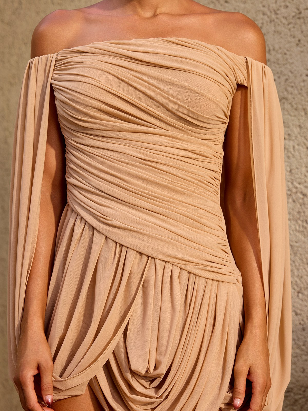 Zoryrin Off Shoulder Ruched Mini Dress In Camel