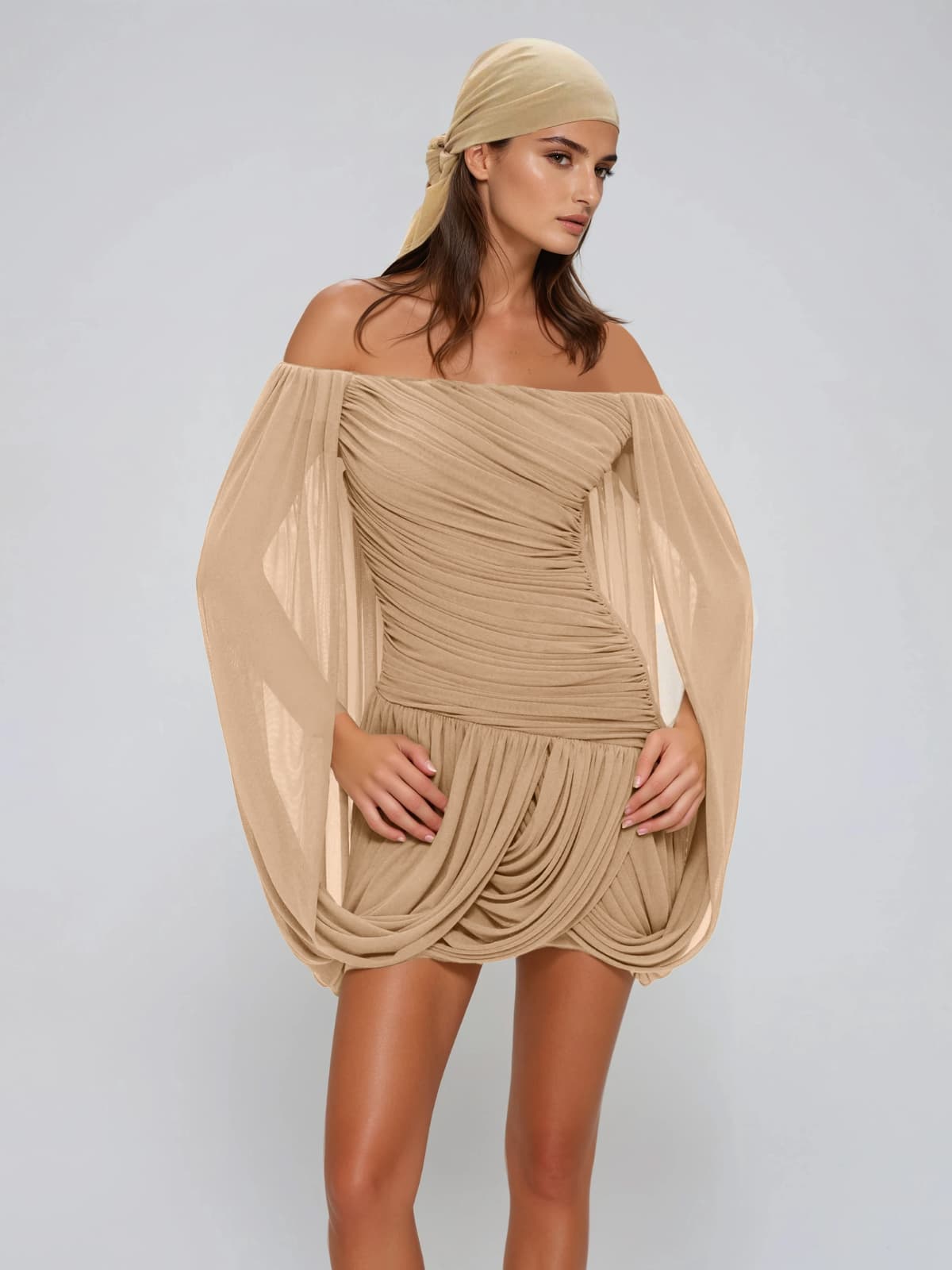 Zoryrin Off Shoulder Ruched Mini Dress In Camel