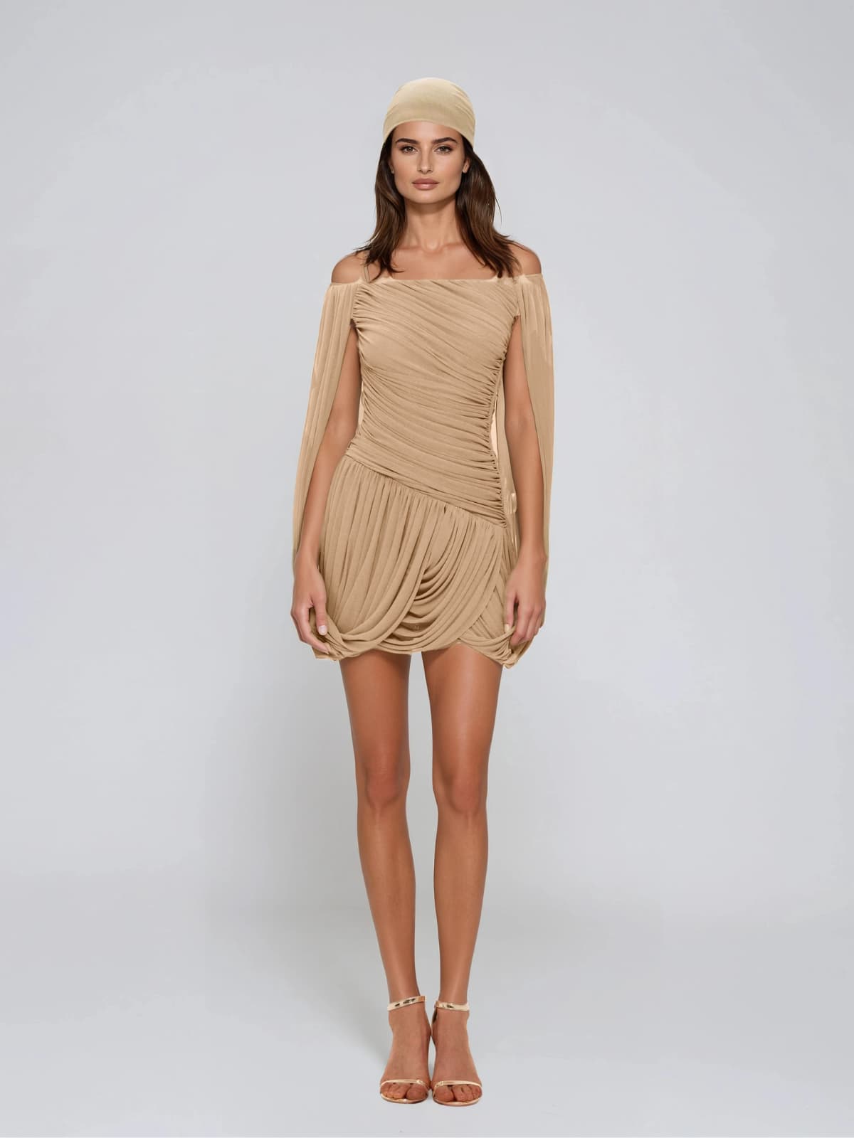 Zoryrin Off Shoulder Ruched Mini Dress In Camel