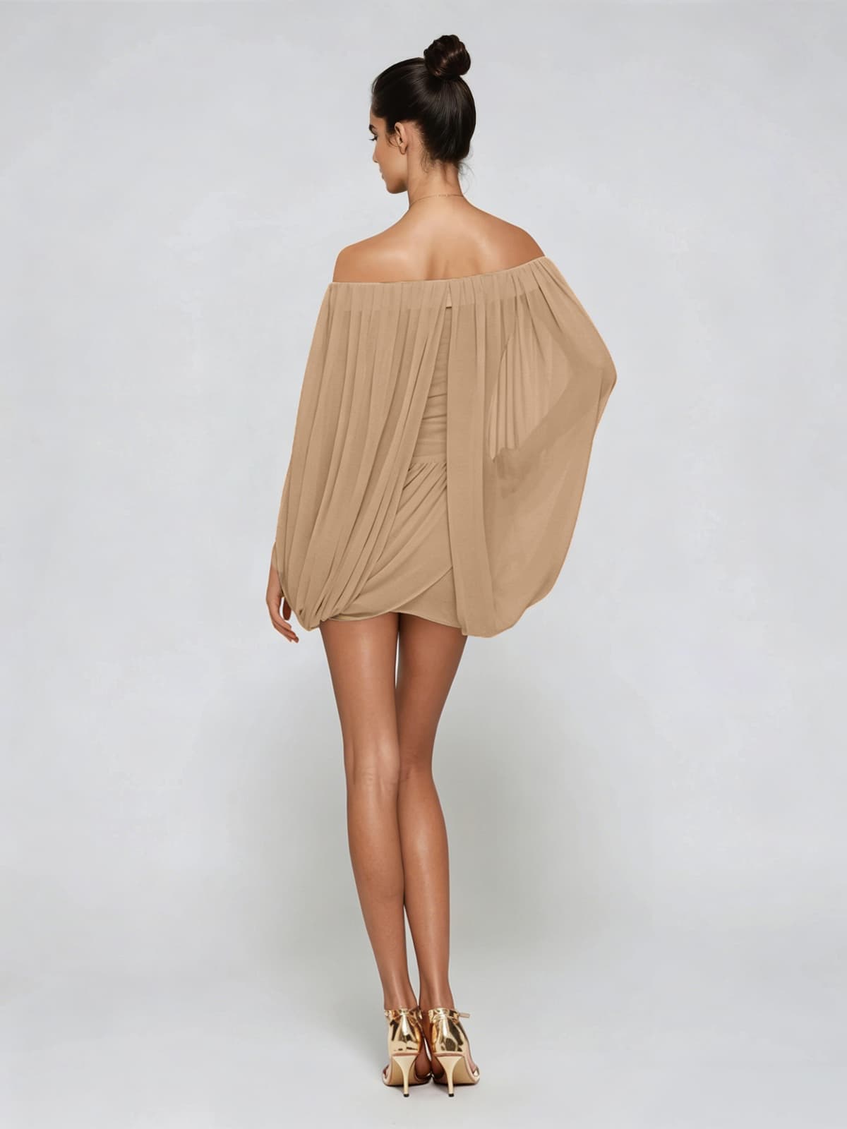 Zoryrin Off Shoulder Ruched Mini Dress In Camel